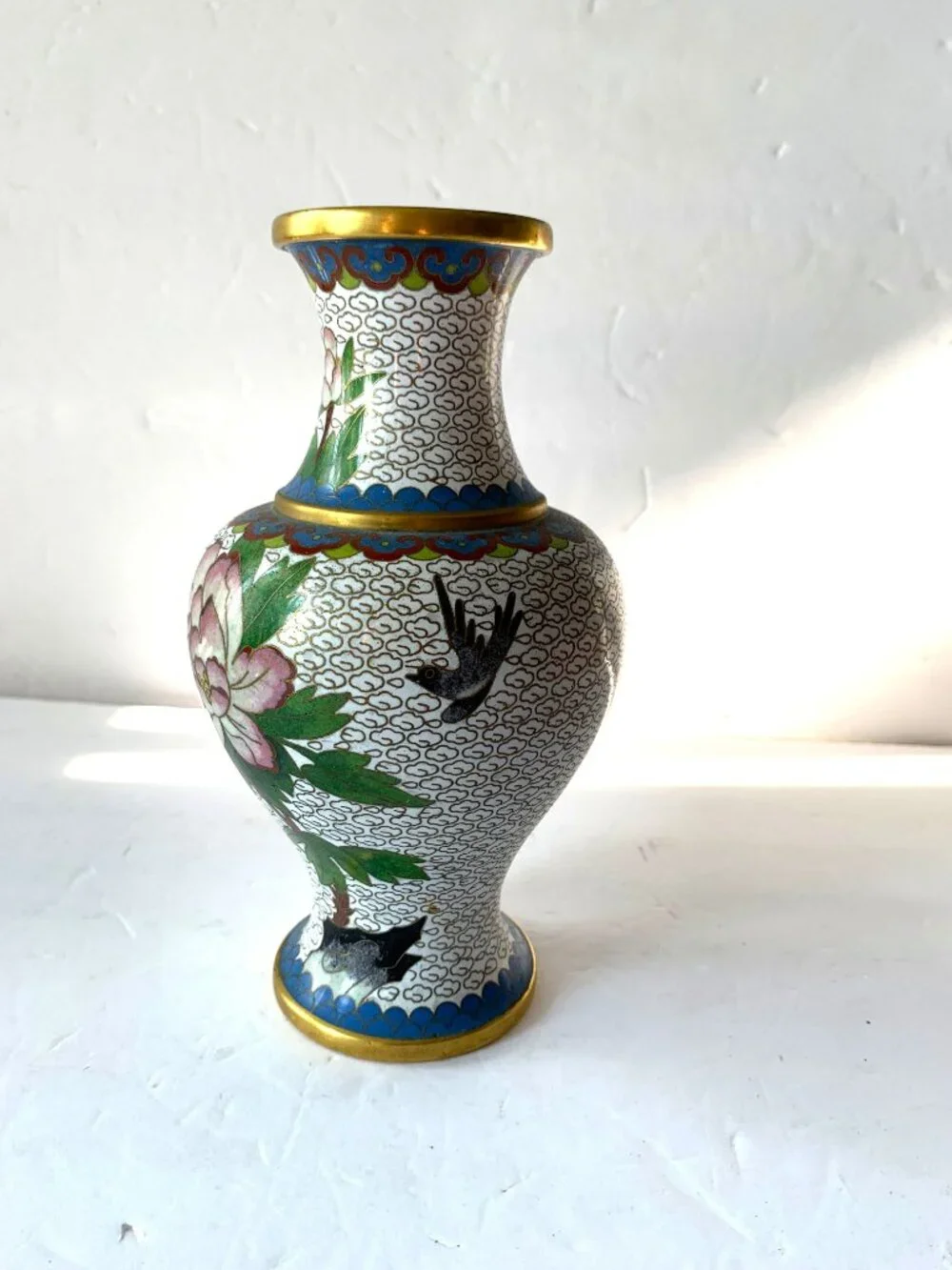 VINTAGE CLOISONNÉ FLOWER FLORAL ENAMEL BRASS VASE MID-20TH CENTURY  HAND-CRAFTED